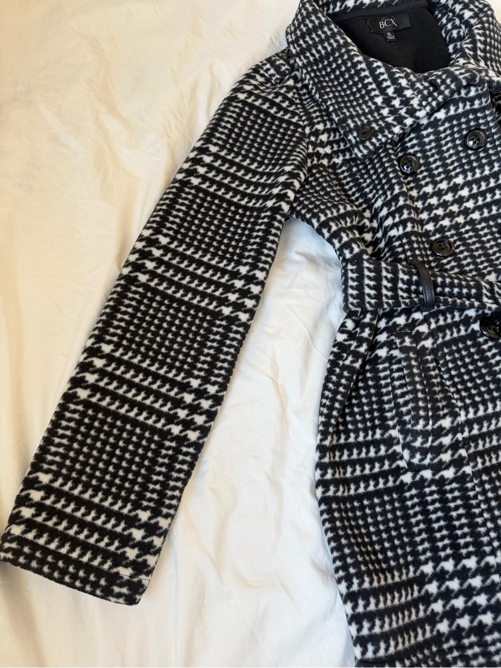 BCX Black & White Houndstooth Peacoat with Waist Tie - Picture 6 of 7